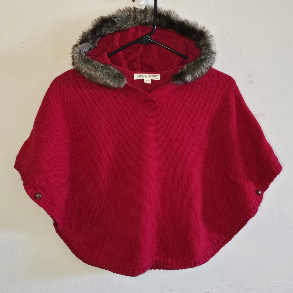 Hope & Henry Sweater Cape Girls Size Medium Faux Fur Hood Red Chic